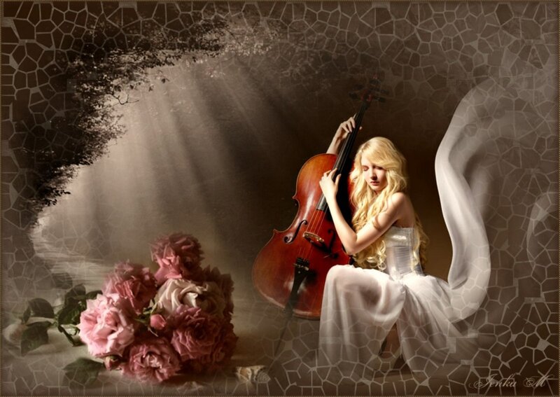 Woman with Cello — White, Dramatic, Digital Art