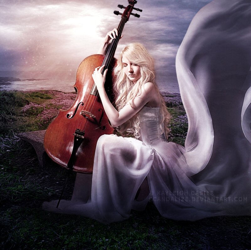 Woman with Cello — White, Dramatic, Sunset