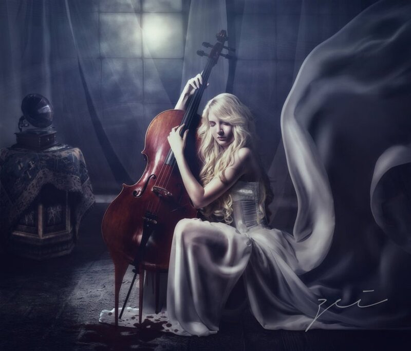 Woman with Cello — White, Dramatic
