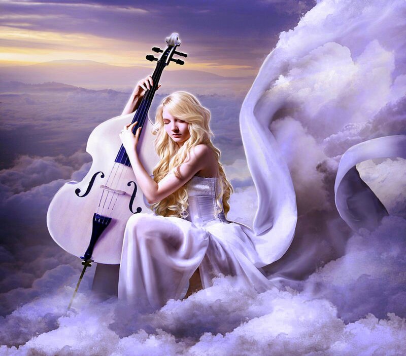 Woman with Cello — White, Serene, Sunset