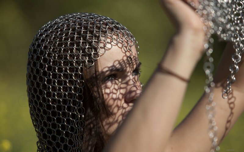 woman with chainmail hood