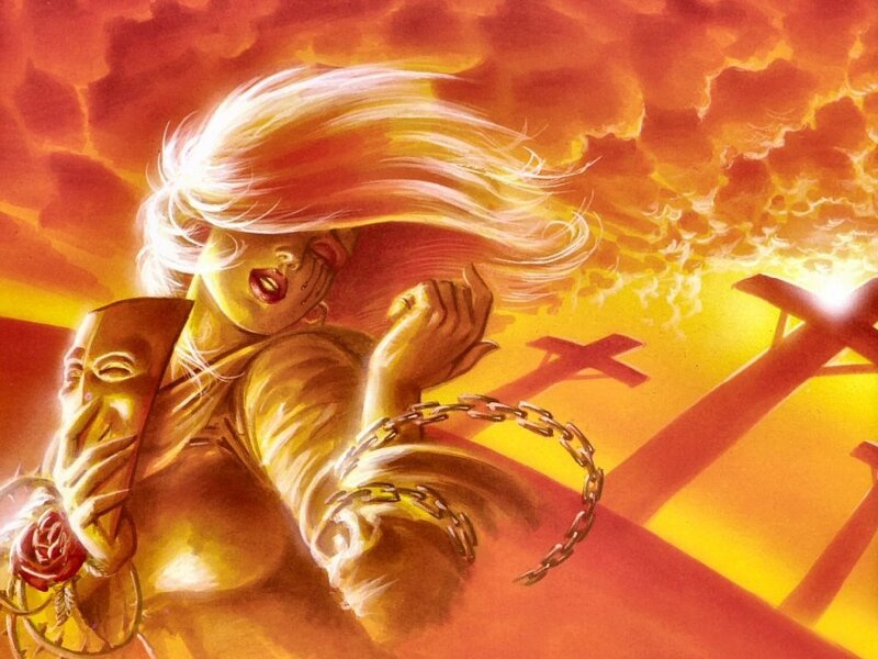 Woman with chains in fiery sky