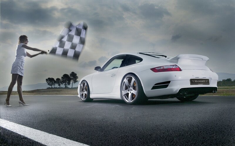 Woman with checkered flag and white car