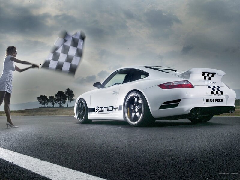 woman with checkered flag and white car
