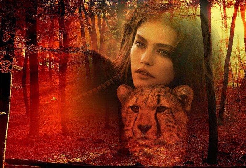 Woman with Cheetah Cub — Red