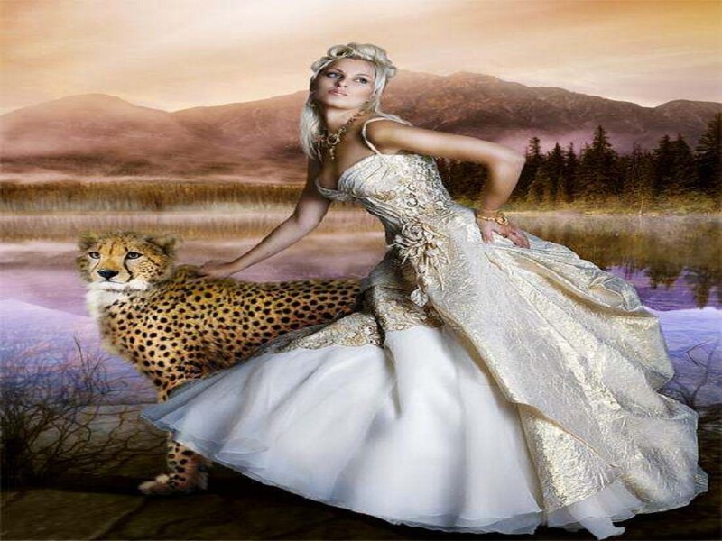 Woman with Cheetah — White, Dramatic