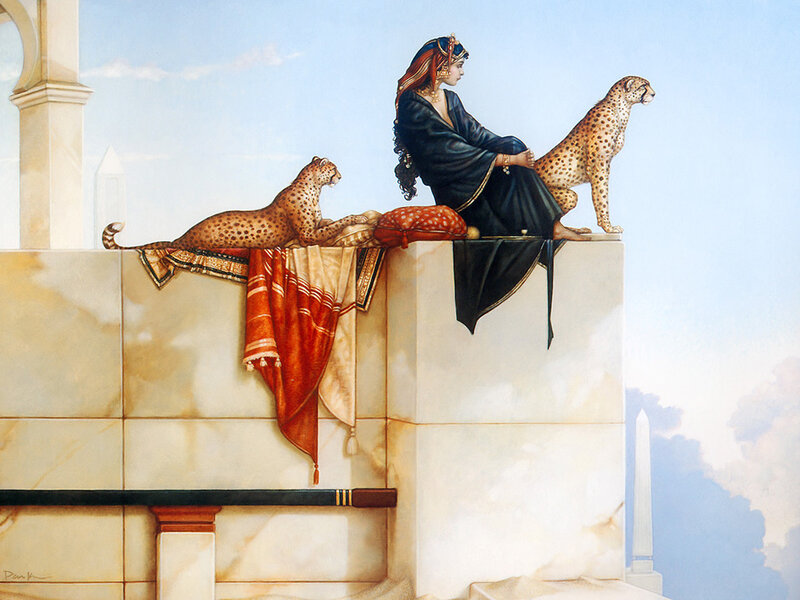 Woman with cheetahs on a terrace