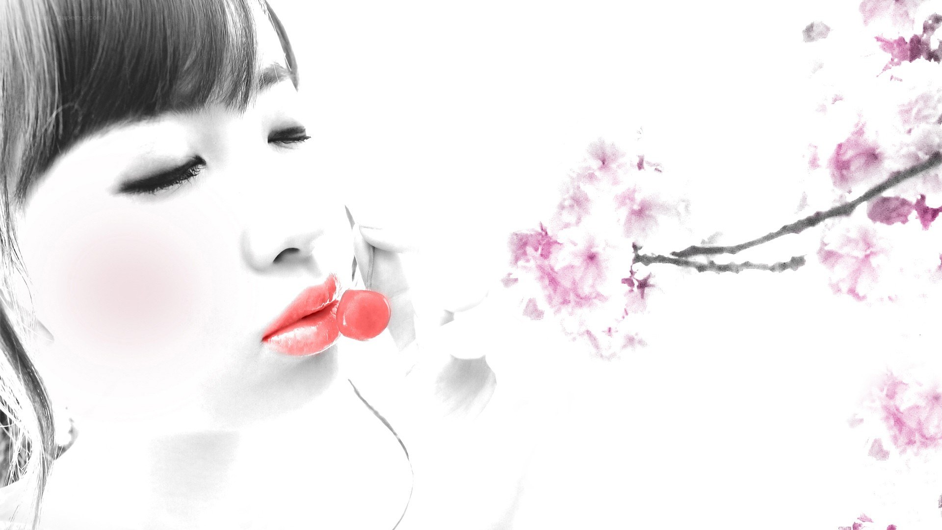 woman with cherry and flowers