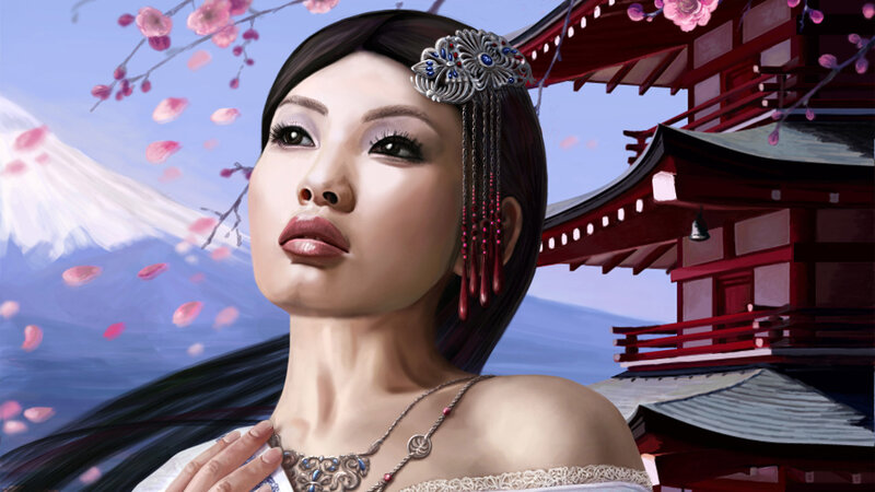 Woman with cherry blossoms and temple
