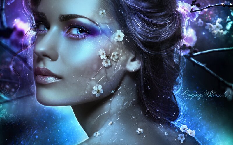 Woman with Cherry Blossoms — Blue