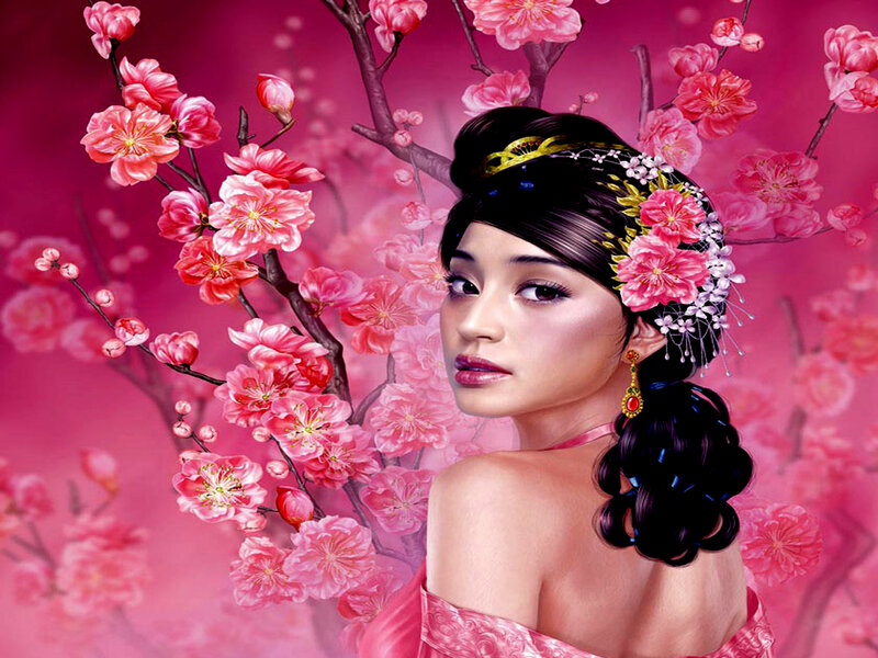 Woman with Cherry Blossoms — Pink, Serene, Spring, Digital Art, Cherry Blossoms