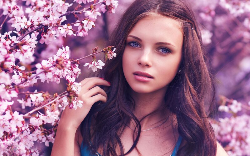 Woman with Cherry Blossoms — Pink, Serene, Spring, Photograph, Cherry Blossoms