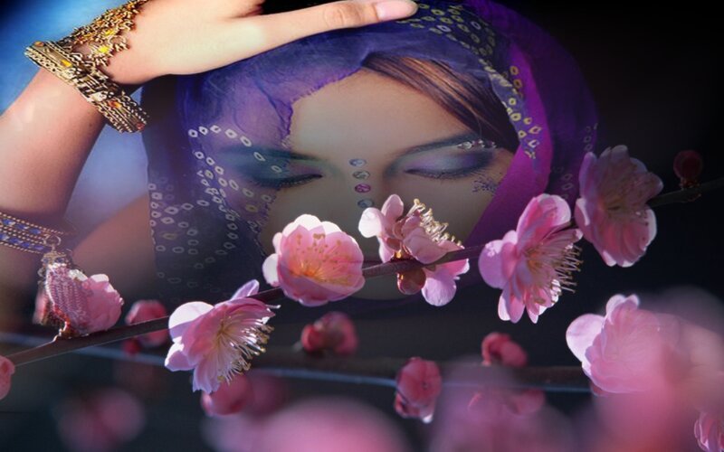Woman with Cherry Blossoms — Purple