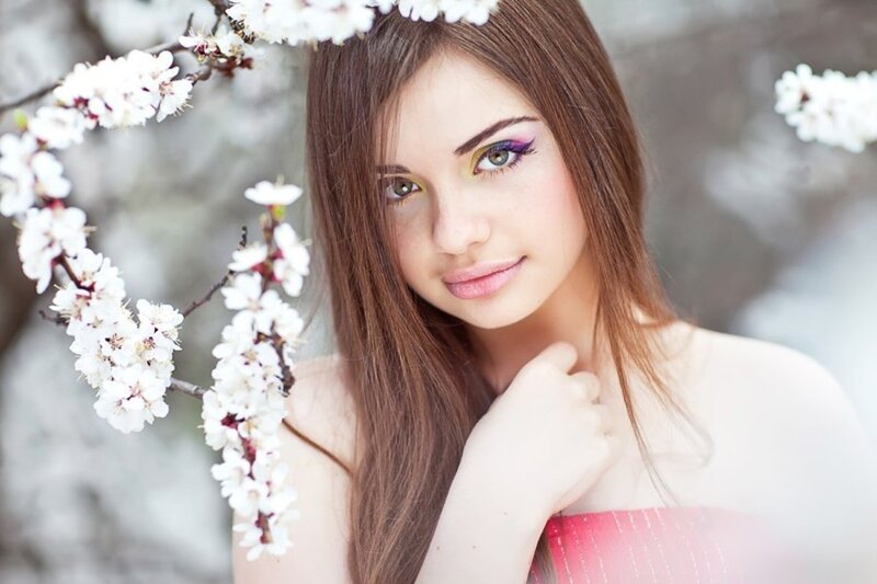 Woman with Cherry Blossoms — White, Serene, Spring, Photograph, Cherry Blossoms
