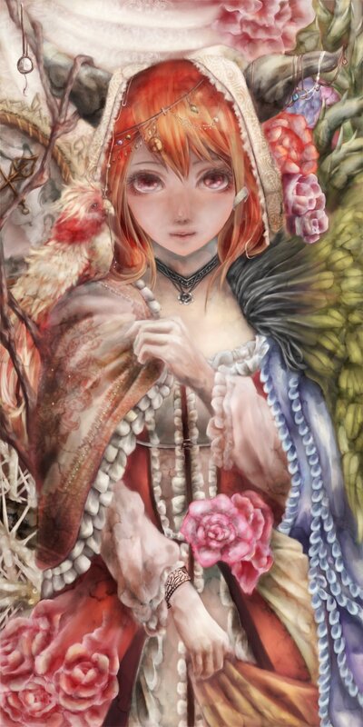 woman with chicken and flowers