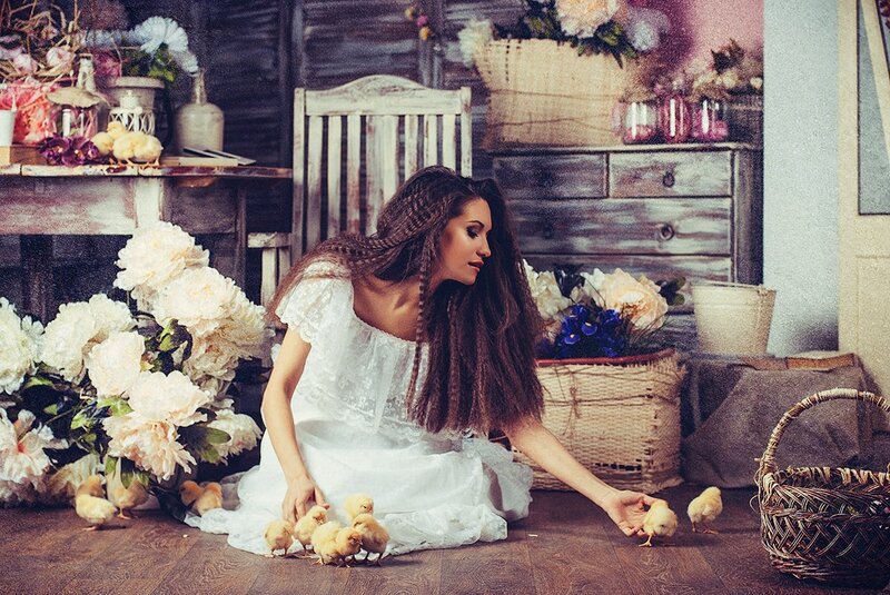 Woman with Chicks — White, Serene