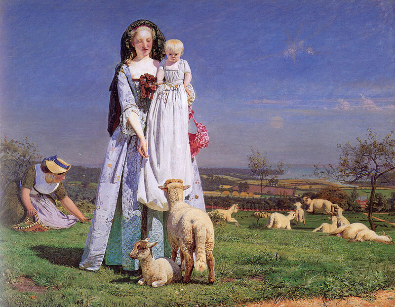 Woman with child and lambs