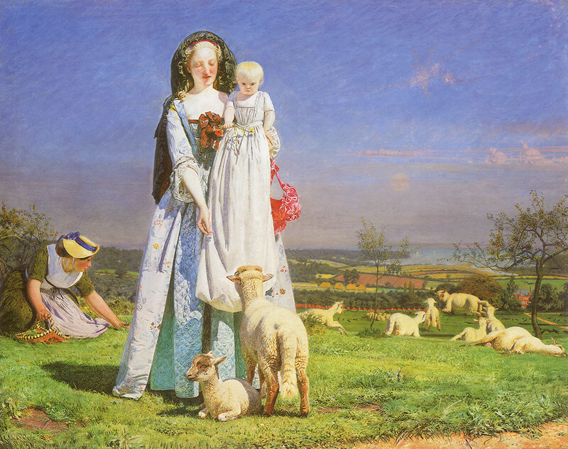 Woman with child and lambs