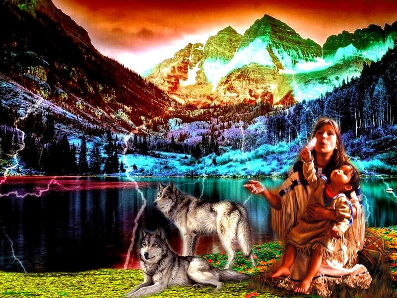 Woman with Child and Wolves