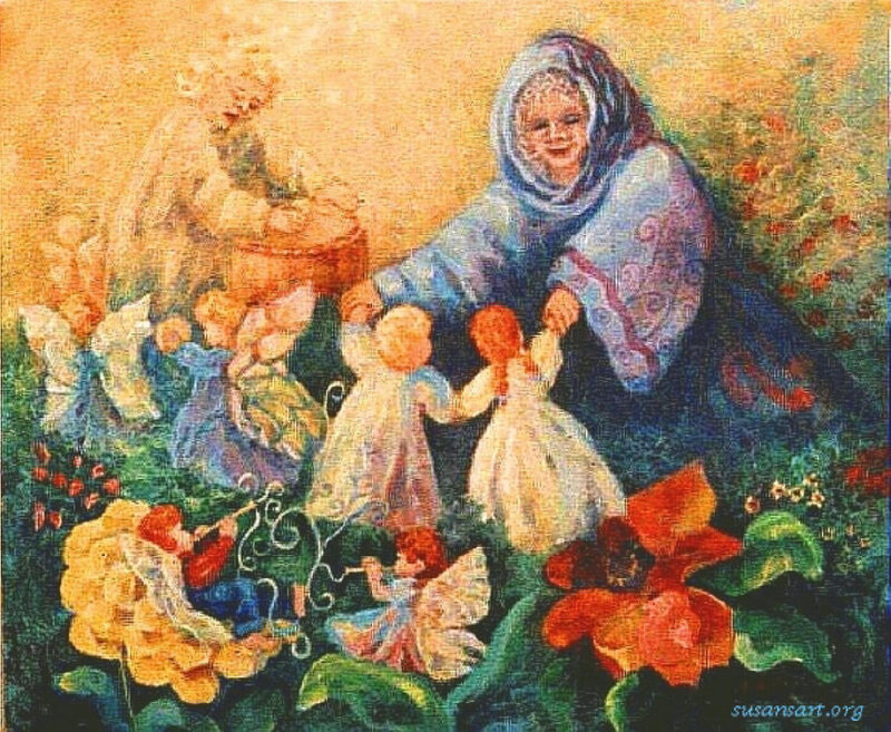 Woman with children in garden