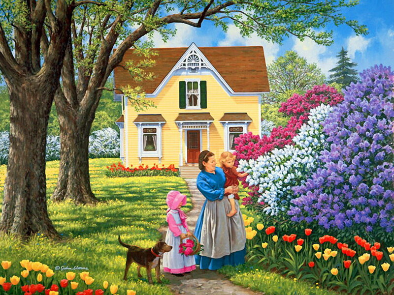 Woman with Children in Garden — Yellow, Serene