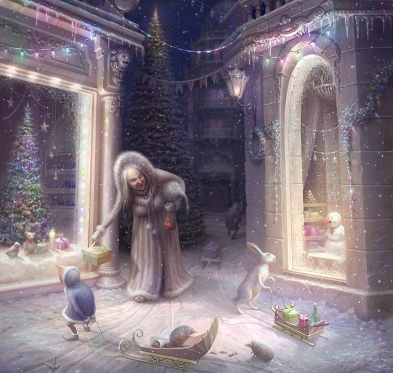 Woman with Children in Snow