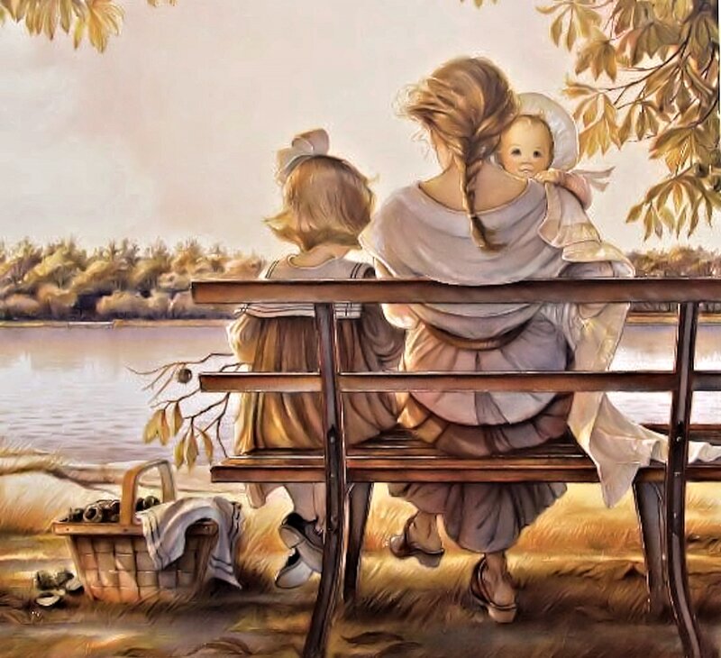 Woman with Children on Bench