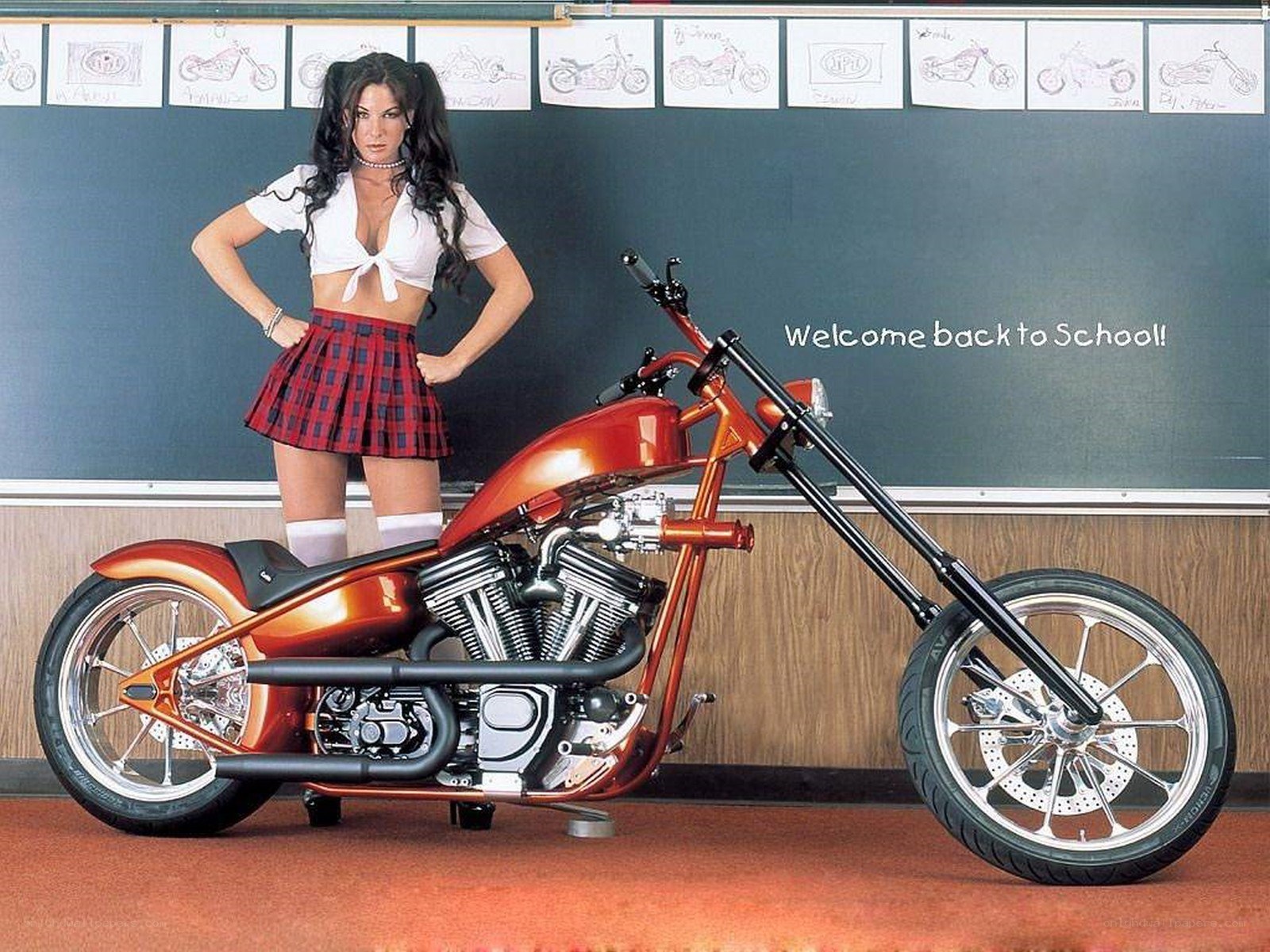 Woman with chopper motorcycle