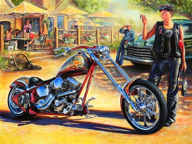 Woman with Chopper Motorcycle — Red, Relaxed
