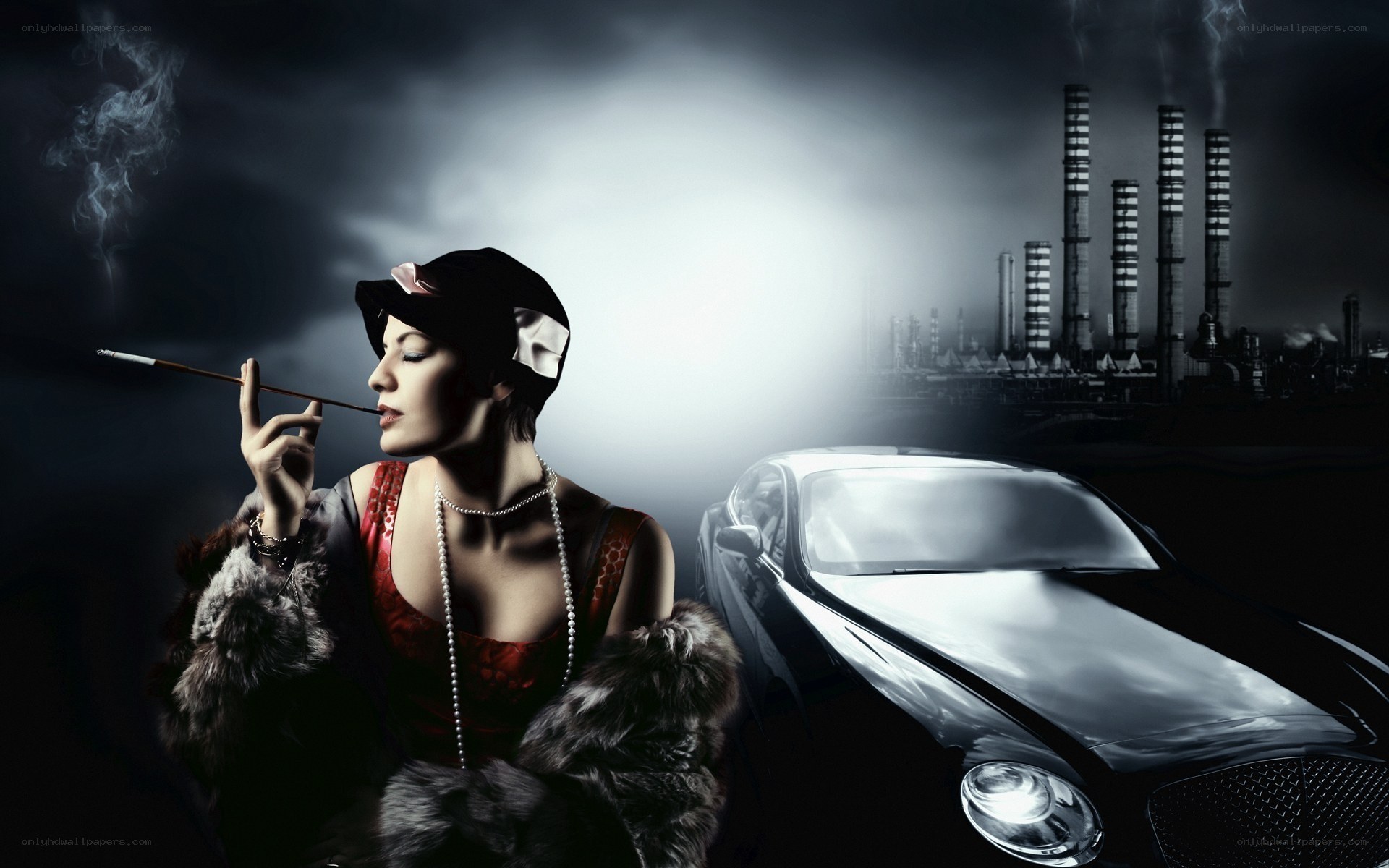 woman with cigarette and car