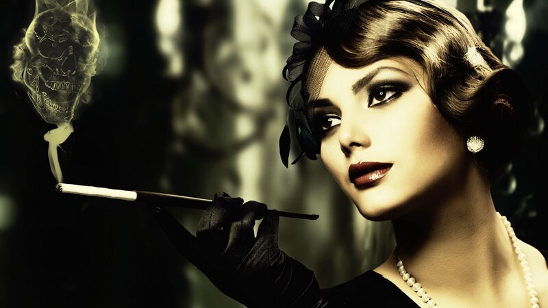 woman with cigarette and skull