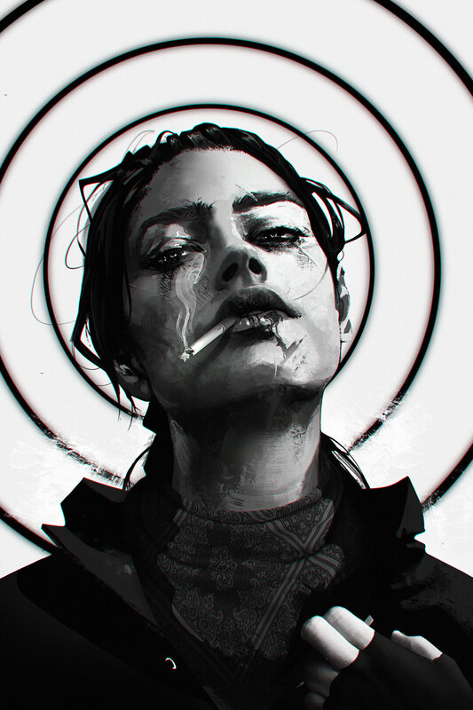 Woman with Cigarette — Black, Dramatic, Digital Art