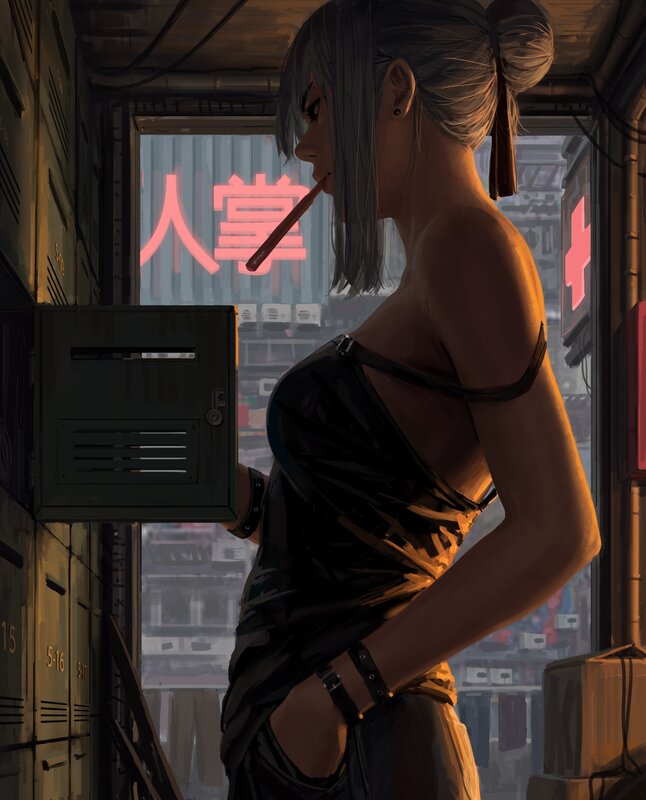 Woman with Cigarette — Black, Dramatic, Night, Digital Art