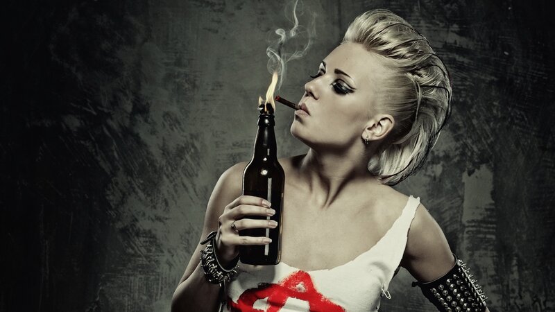Woman with Cigarette — Black, Dramatic, Photograph, Beer Bottle