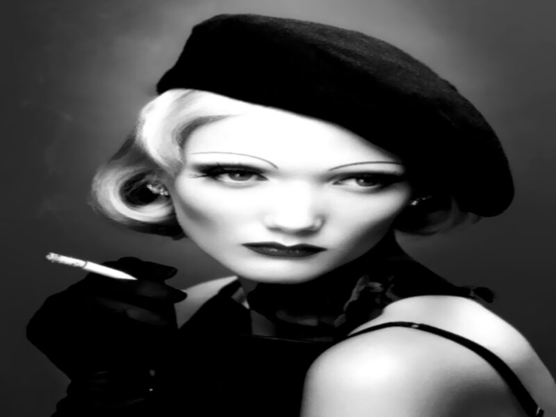 Woman with Cigarette — Black, Dramatic, Photograph, Beret