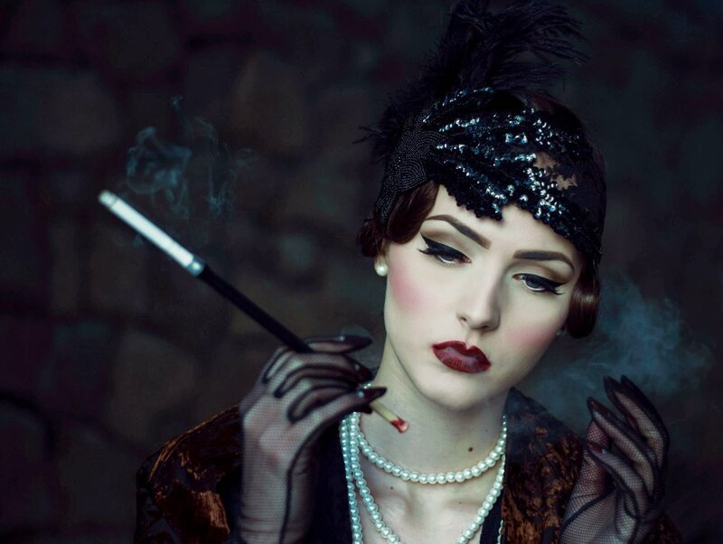 Woman with Cigarette — Black, Dramatic, Photograph, Feather Headband