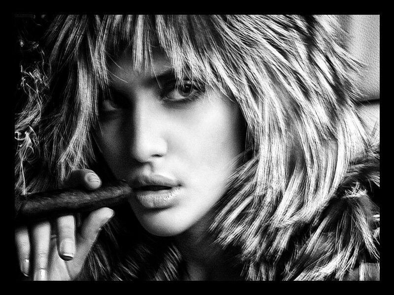 Woman with Cigarette — Black, Dramatic, Photograph, Fur Coat