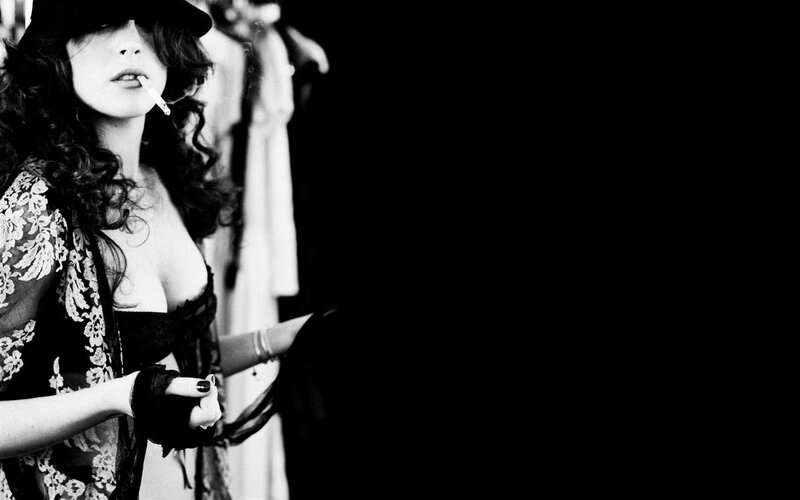 Woman with Cigarette — Black, Dramatic, Photograph, Hat, Lace Clothing