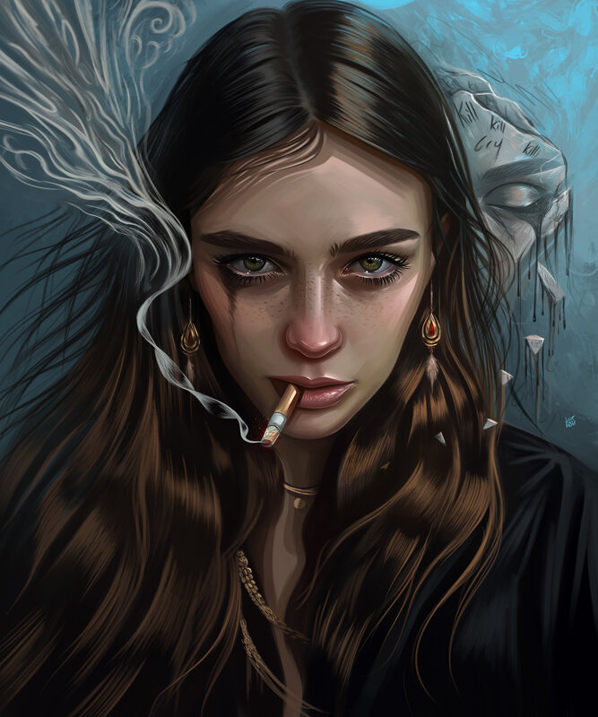 Woman with Cigarette — Brown, Dramatic, Digital Art
