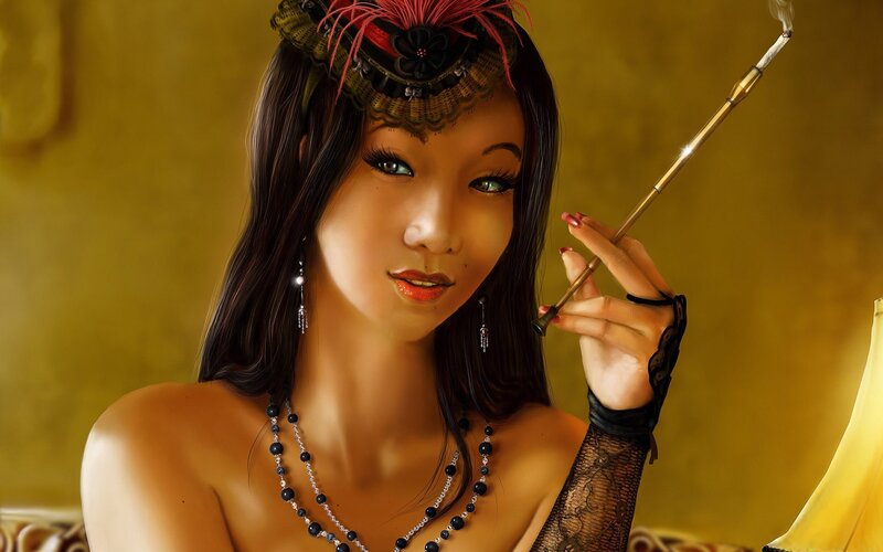 Woman with Cigarette — Gold, Dramatic, Digital Art, Headpiece