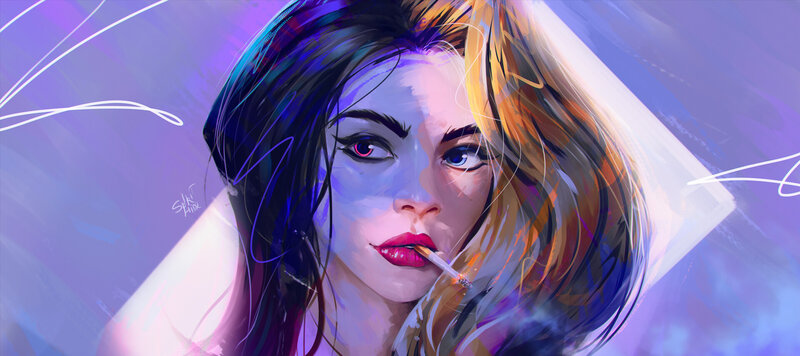 Woman with Cigarette — Purple, Dramatic, Digital Art