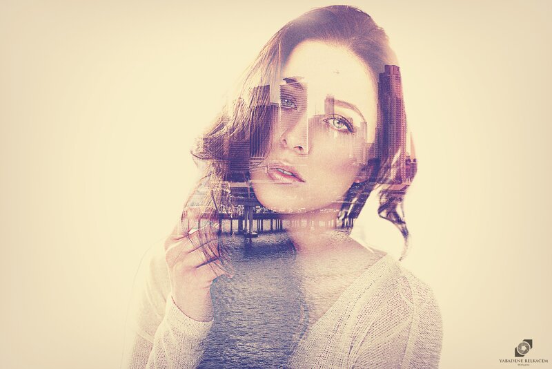 Woman with City Overlay — Beige
