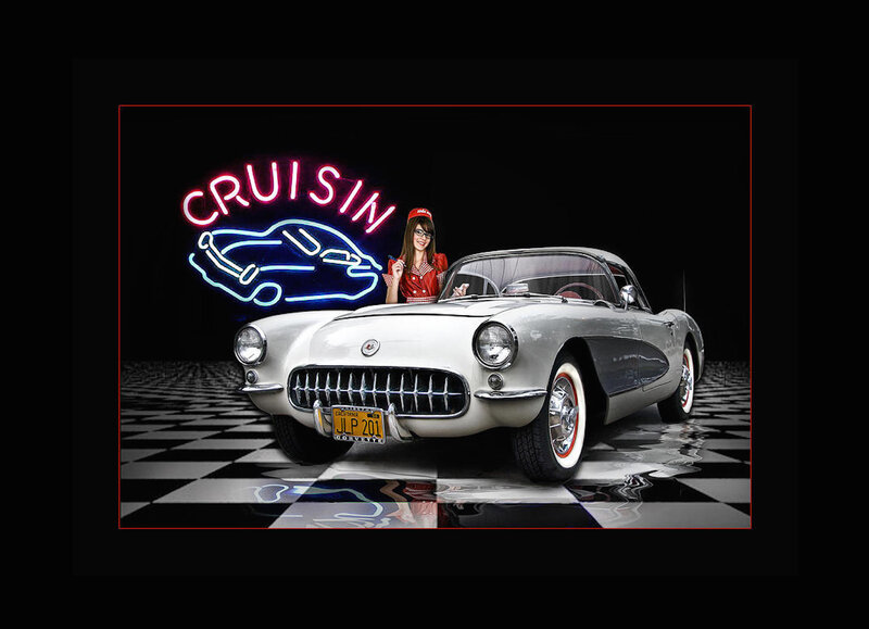 Woman with Classic Car — Black, Dramatic, Night