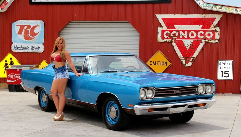 Woman with Classic Car — Blue, Vibrant