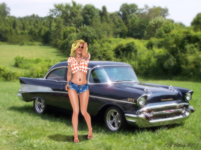 Woman with Classic Car — Green, Serene