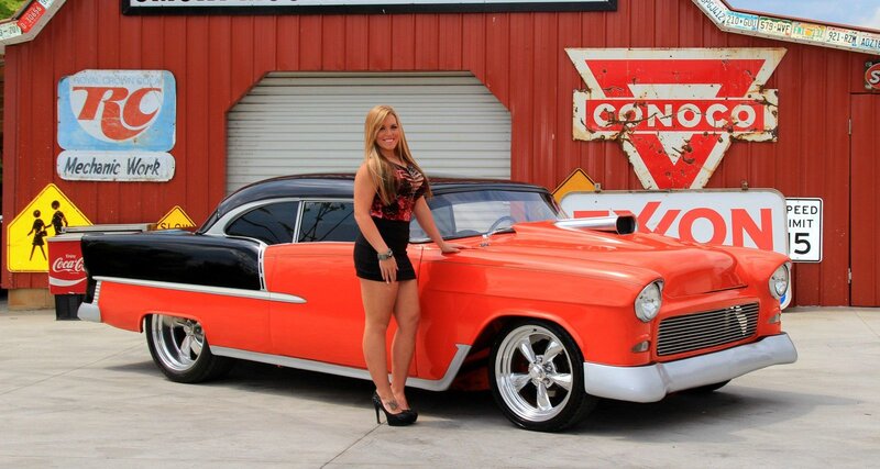 Woman with Classic Car — Red, Vibrant