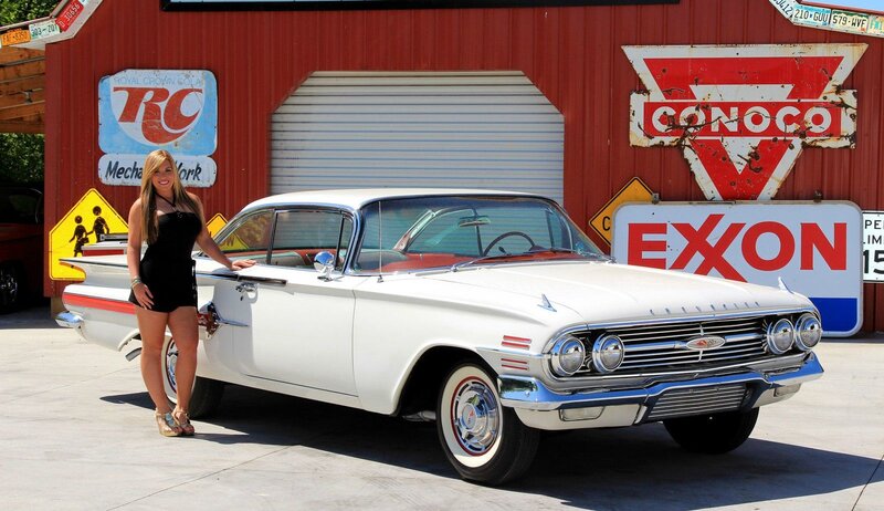 Woman with Classic Car — White, Bright, Afternoon, Photograph