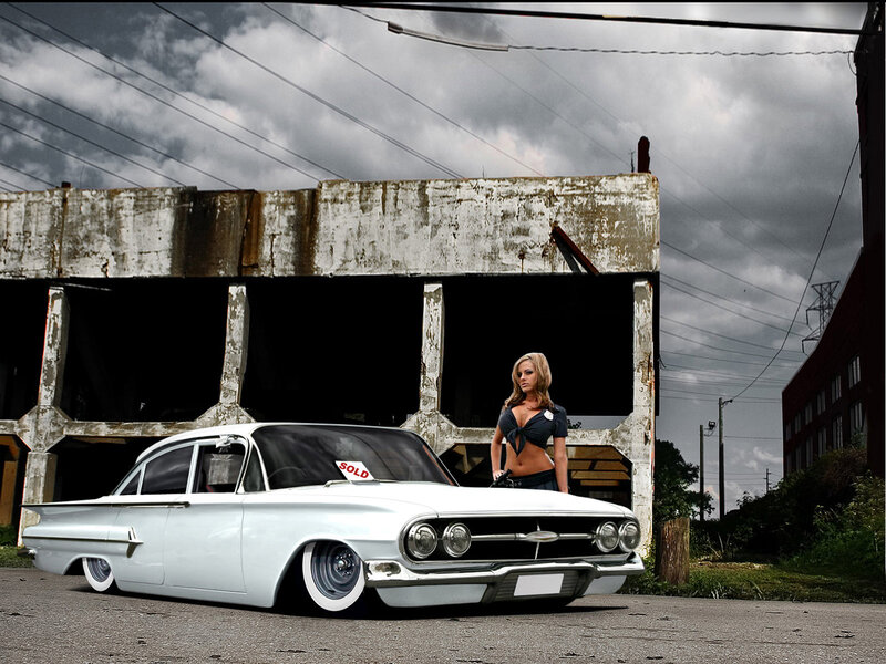 Woman with Classic Car — White, Dramatic, Afternoon