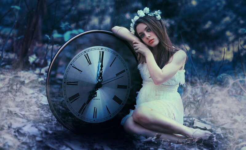 Woman with Clock in Forest — Blue