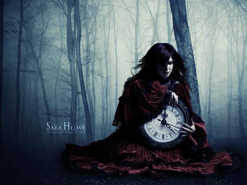 woman with clock in forest